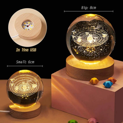 Gift Custom 3d Art 6cm Crystal Ball Night Lamp Luminous USB Wood Base Glowing Decoration Solar System Led Night Lights Good Vibrations