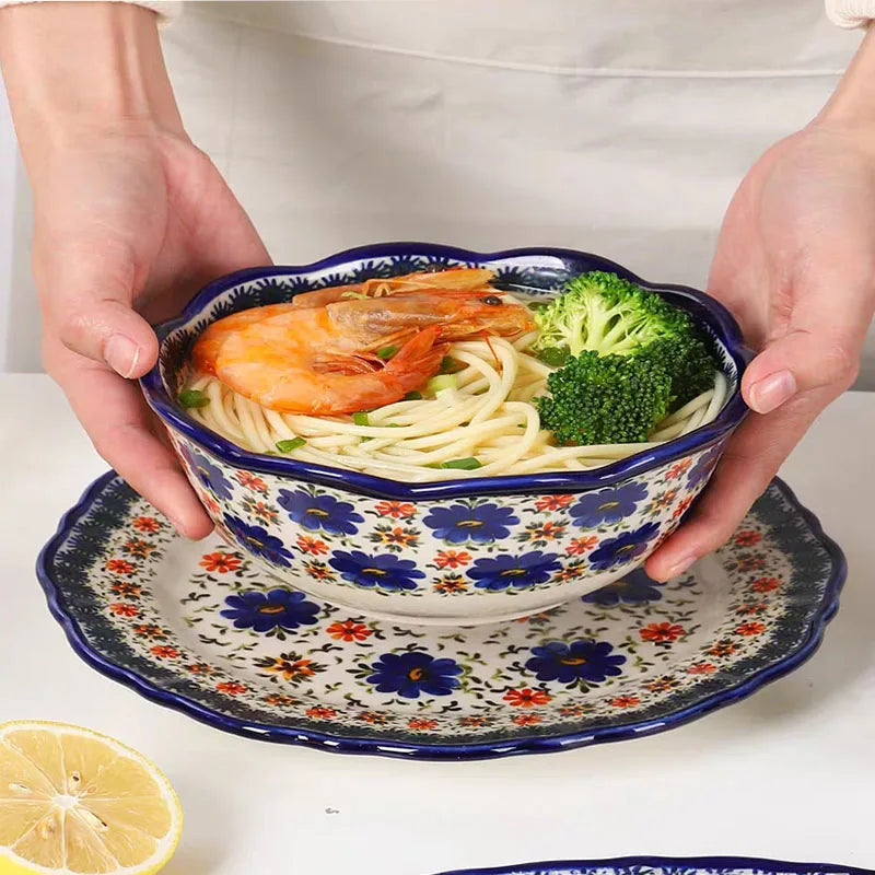 LingAo     Ceramic noodle bowl, double-ear bowl, plate tableware set Good Vibrations