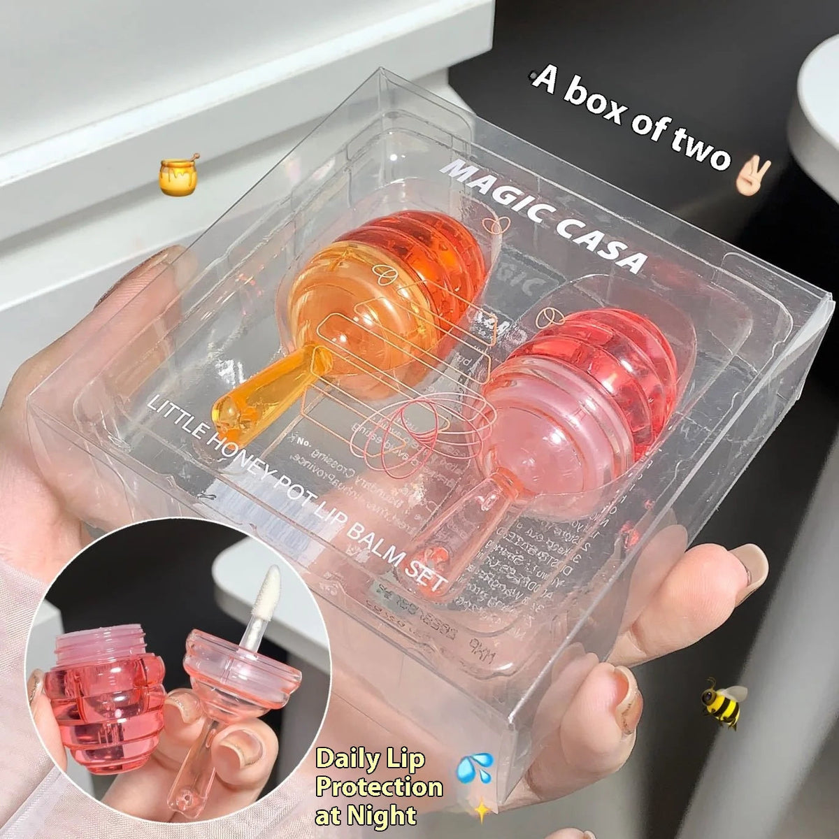 MAGIC CASA 2-Pcs Set Little Honey Pot Lip Oil Cute Lip Gloss Moisturizing Lip Line Hydrating Good Vibrations
