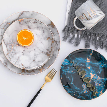 European Style Marble Plates Ceramic Dinner Set Gold Inlay Porcelain Dessert Plate Steak Salad Snack Cake Plates Tableware Good Vibrations