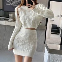 Elegant Fall Winter Knitted 2 Piece Set Chic Women Sexy O Neck Sweater Crop Top + Bodycon Mini Skirt Korean Suit Good Vibrations Adult Super Store