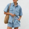 Trendy Women Set 2 Piece Casual Short Sleeve Boxy Shirt Tops and Shorts Lounge Sets Outfits 2025 Summer Denim Set for Women Good Vibrations