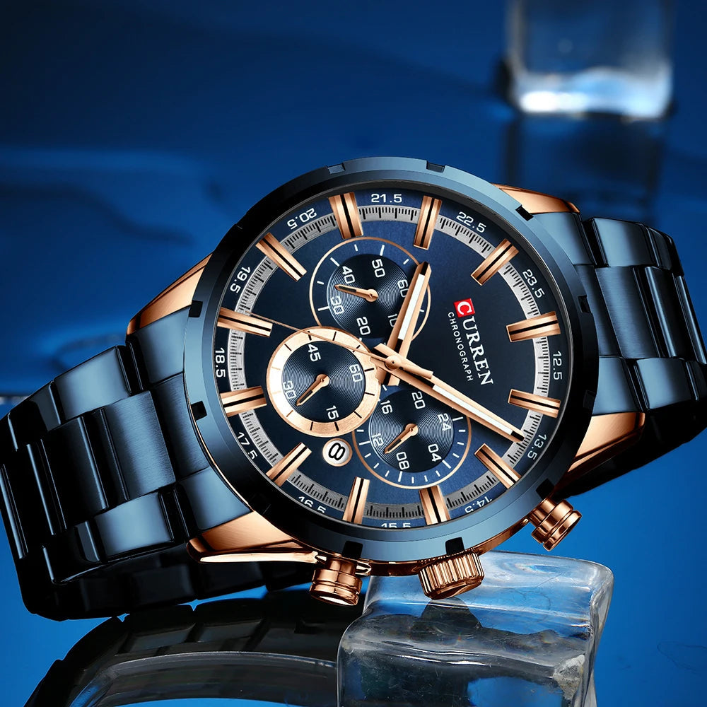 Curren Men's Watch Blue Dial Stainless Steel Band Date Mens Business Male Watches Waterproof Luxuries Men Wrist Watches for Men Good Vibrations