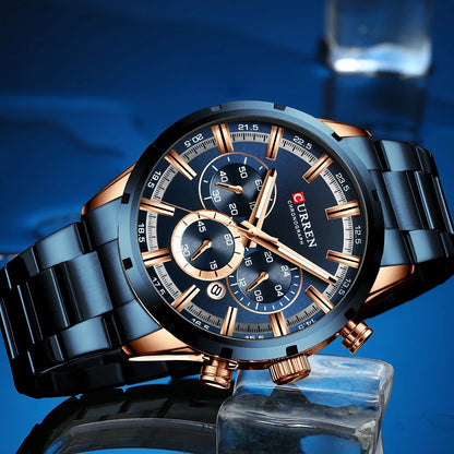 Curren Men's Watch Blue Dial Stainless Steel Band Date Mens Business Male Watches Waterproof Luxuries Men Wrist Watches for Men Good Vibrations