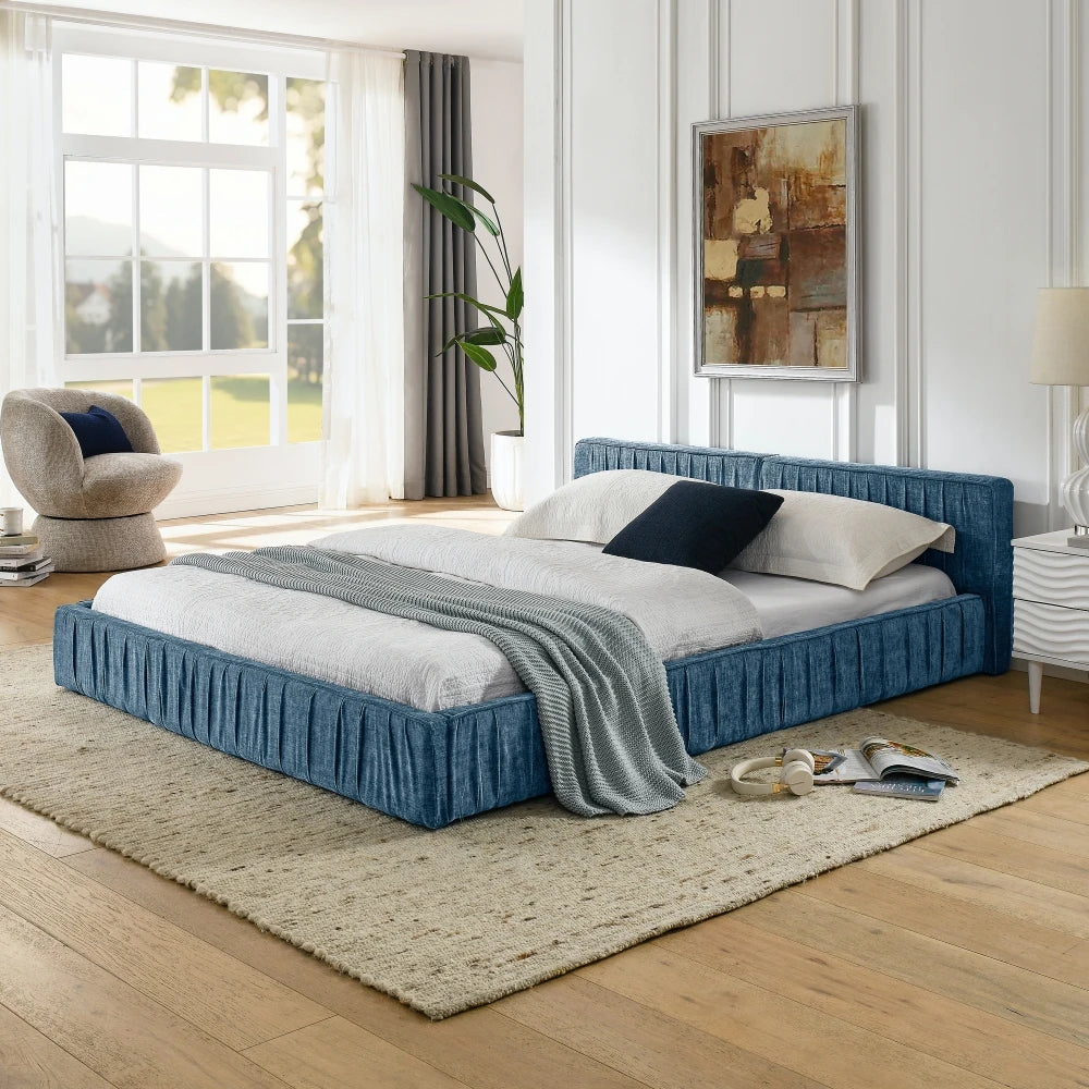 Modern Style Queen-Size Bedroom Furniture Bed Frame with Chenillefabric with Pleated Design Good Vibrations