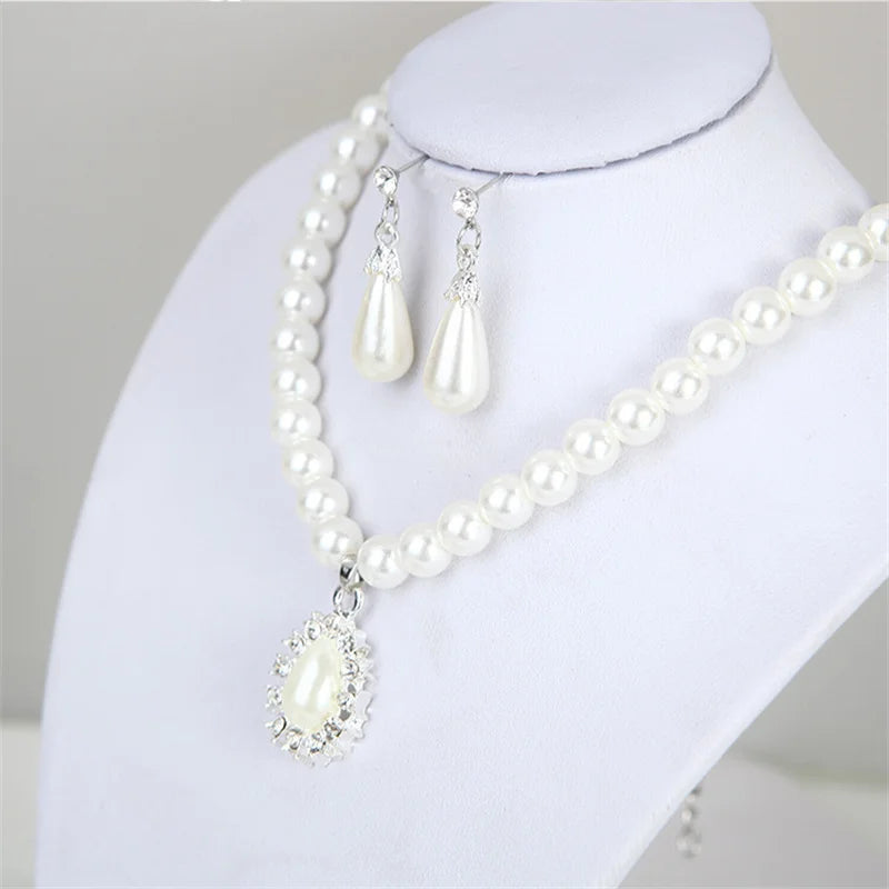 Pearl Jewelry Set for Women Water Drop Dangle Earrings Crystal Pendants Imitation Pearl Beads Necklaces femme brincos e colares Good Vibrations Adult Super Store