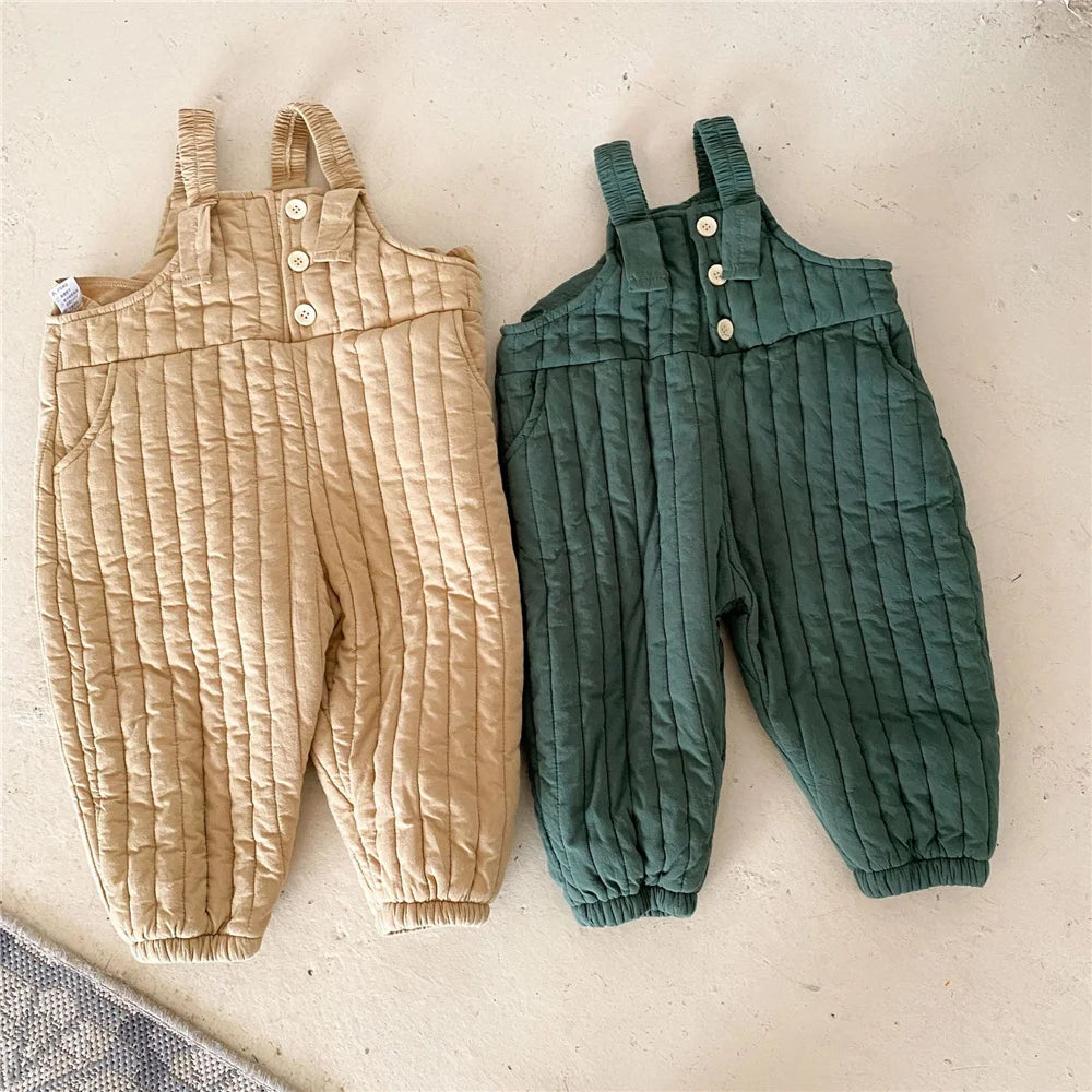 2021 Autumn Winter unisex solid color quilted overalls Korean style boys and girls warm thick casual suspender trousers 2-6Y Good Vibrations