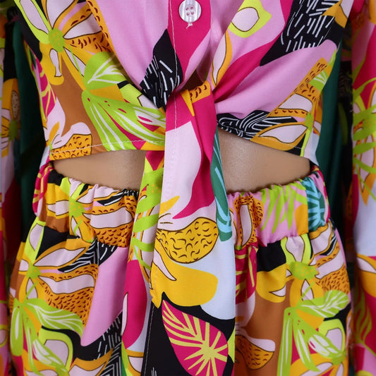Two Piece Set Women Clothing Print Polo Collar Long Sleeve Shirt Top Wide Leg Pants 2 Piece Set Women Outfits for Women Good Vibrations