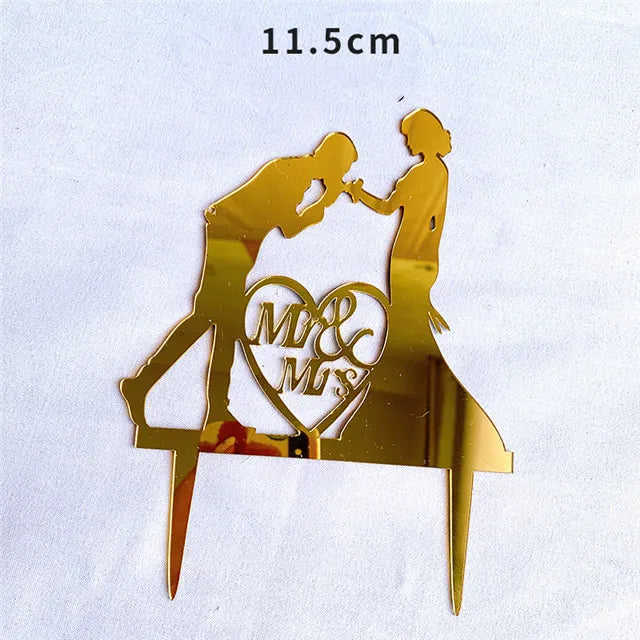 Bride and Groom Wedding Party Cake Topper Decoration Golden Acrylic Mrs & Mrs Engagement Party Cake Toppers Gift Baking Supplies Good Vibrations