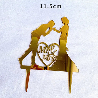 Bride and Groom Wedding Party Cake Topper Decoration Golden Acrylic Mrs & Mrs Engagement Party Cake Toppers Gift Baking Supplies Good Vibrations