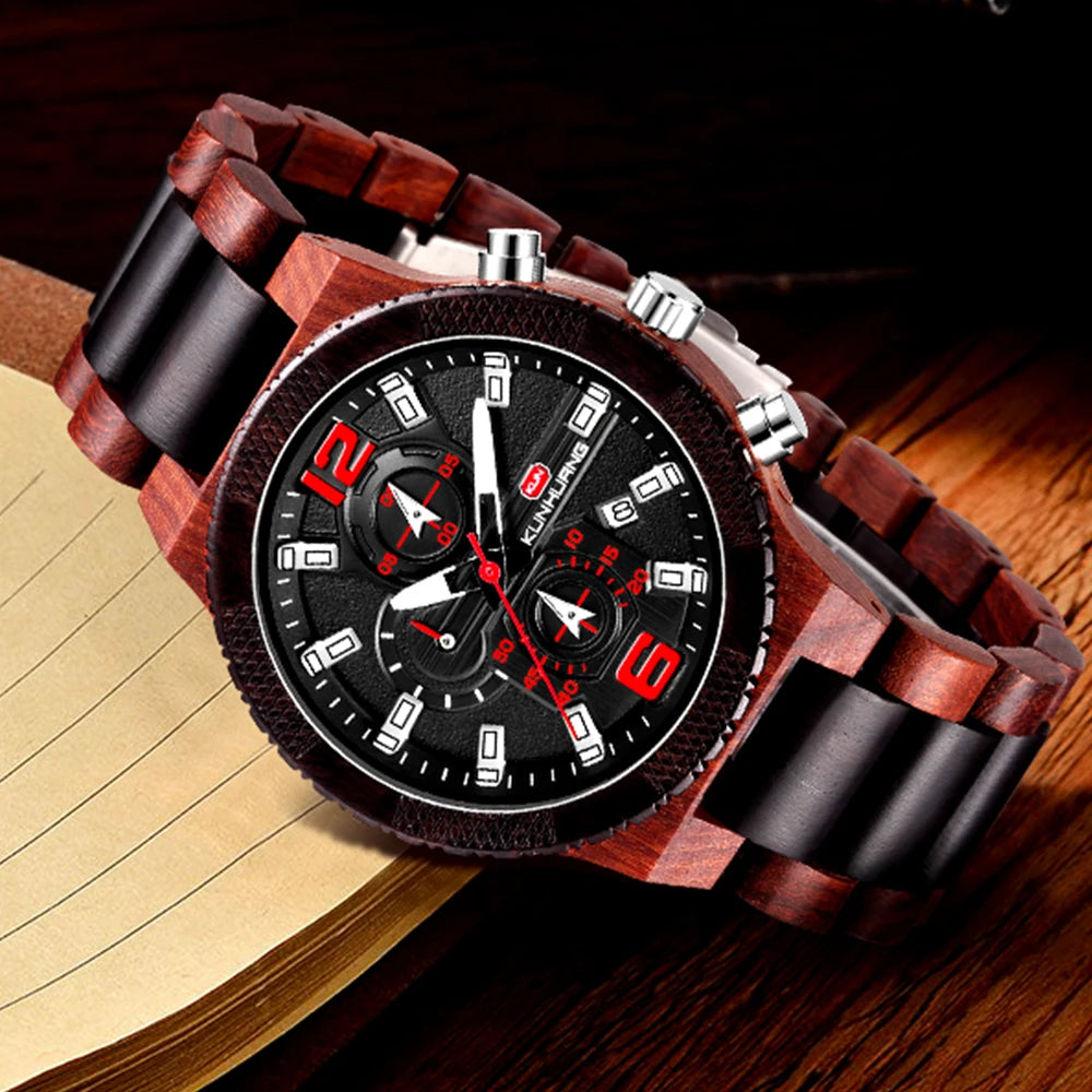 Men's Wood Watches Luxury Luminous Multi-function Wooden Watch Men's Quartz Retro Watch Men Fashion Sport Timepieces Relogio Good Vibrations