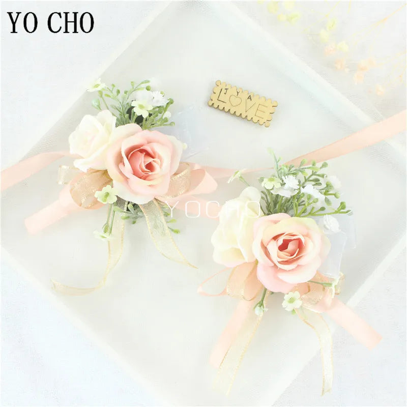 Wedding Groom Boutonniere Bride Bridesmaid Women Hand Wrist Flower Silk Rose Boutonniere Buttonhole for Marriage Party Flower Good Vibrations