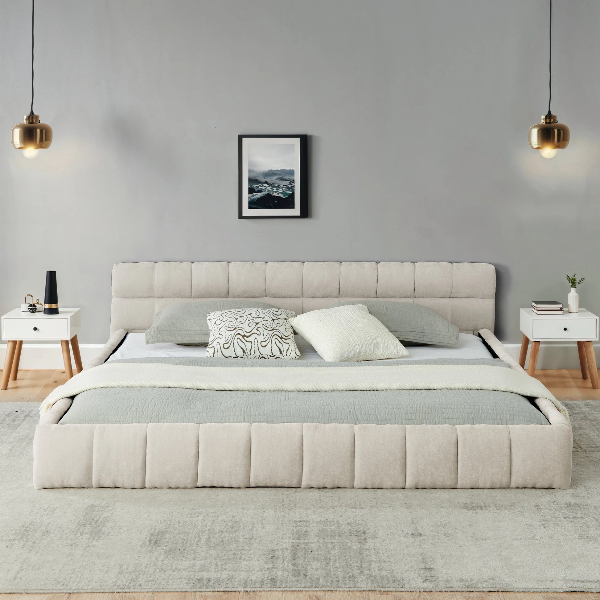 Modern Luxury King-Size Bed Frame Soft Chenille Fabric with Stylish Wooden Structure Up-Holstered Bedroom Furniture Good Vibrations