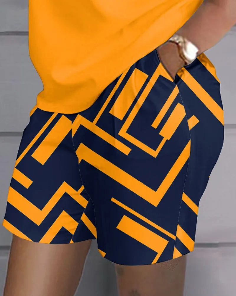 Summer Fashion Casual Printed Short Sleeve Shirt High Waist Shorts 2 Piece Women Outfits Set Suits Good Vibrations