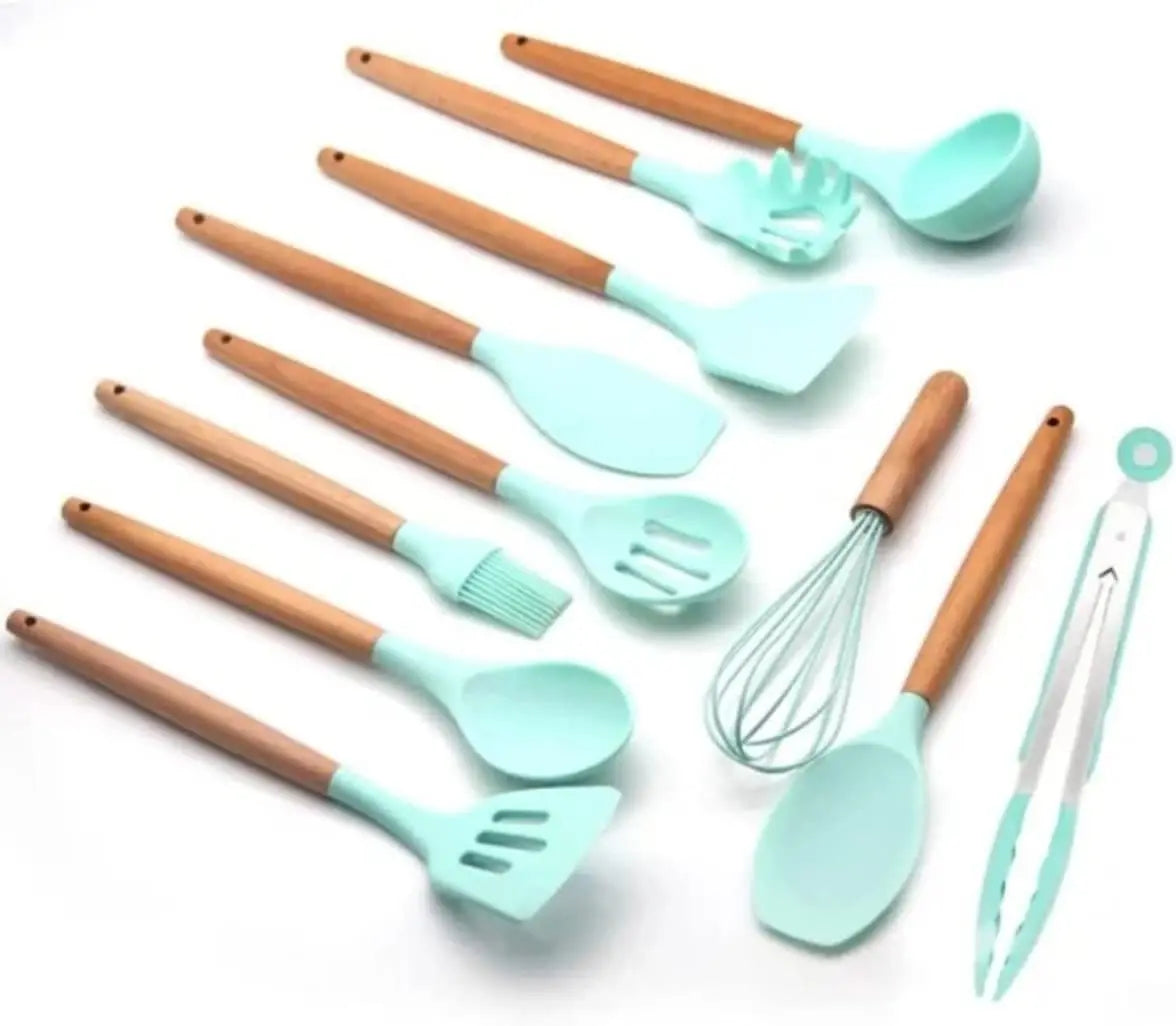 2022 Christmas Gift Food Grade Silicone Cutlery Set Wooden Handle Kitchen Gadgets Kid With Spatula Spoon Spaghetti Server Laddle Good Vibrations