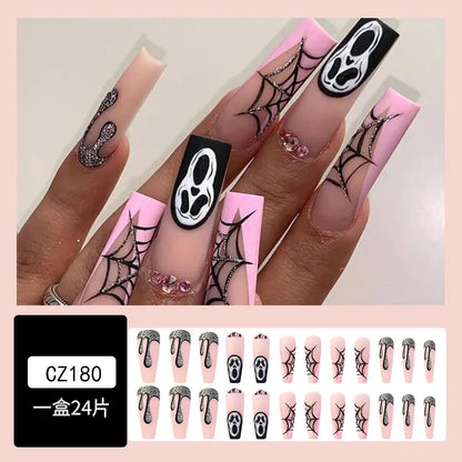 24pcs Halloween Style Grim Reaper Skull Spider Web Nail Stickers European American Personality ABS Removable Nail Tips Fingers Good Vibrations