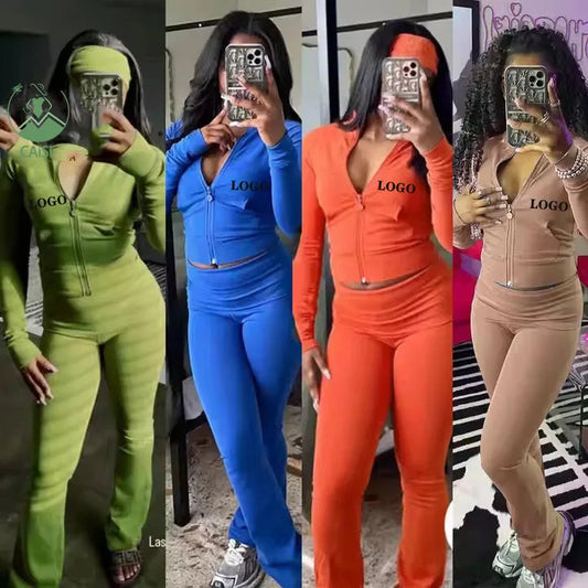 Custom 2 Piece Set Women Outfits Zipper Top and Flare Pants 2 Piece Sets Casual Two Piece Jogger Set Womens Fall Winter Clothing Good Vibrations