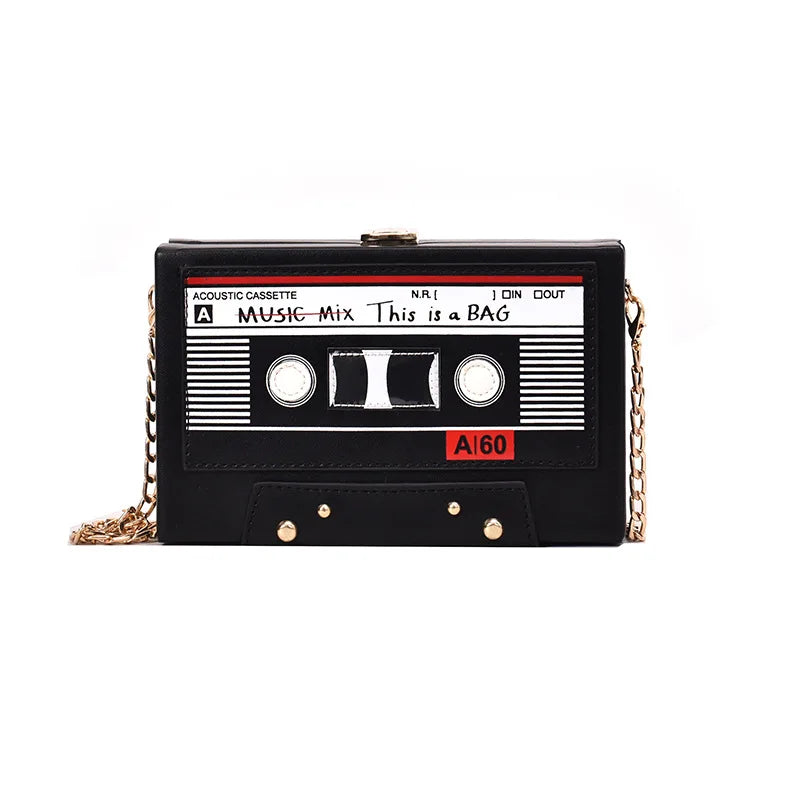 Women Shoulder Bag New Tape Recorder Women's Bags Cute Funny Cartoon PU Leather Chain Crossbody Bag Female Day Clutches Bag C172 Good Vibrations