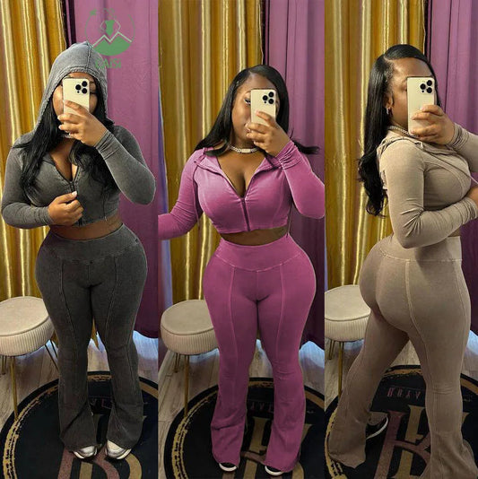 Women's Cotton Acid Wash 2 Piece Sets Hooded Crop Jacket Flare Pants Casual Two Piece Jogger Sweatsuits Sets Women Outfits 2025 Good Vibrations