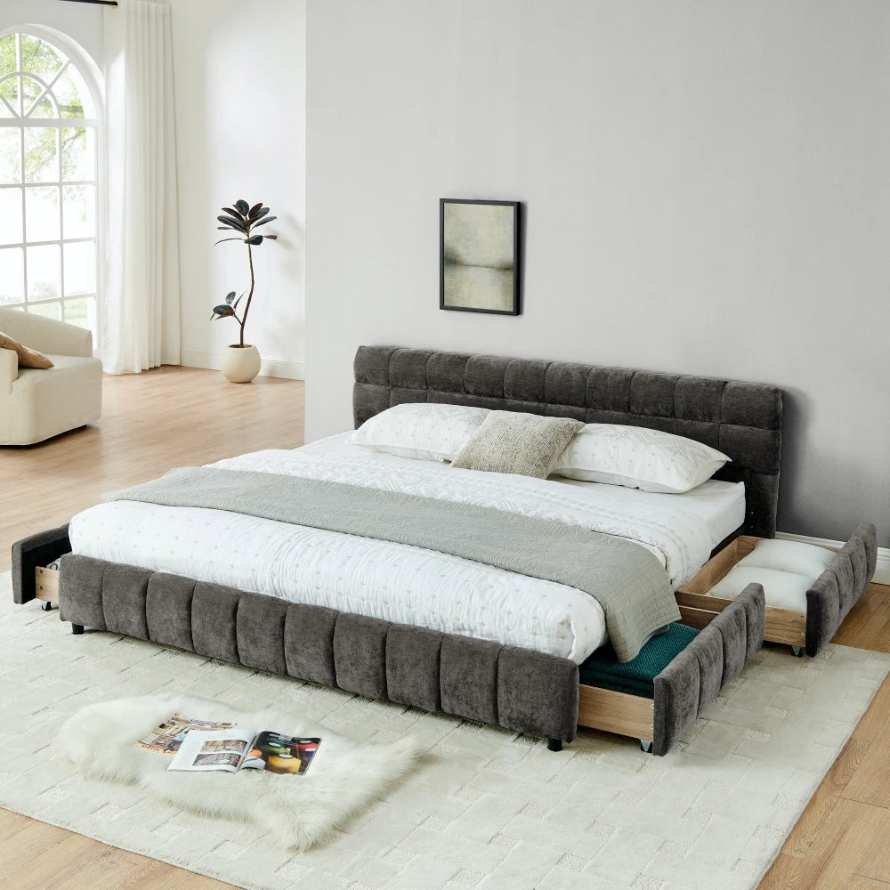 Modern Luxury Queen/King Size Upholstered Bed Frame Soft Chenille Fabric Bedroom Furniture with Wooden Structure Good Vibrations