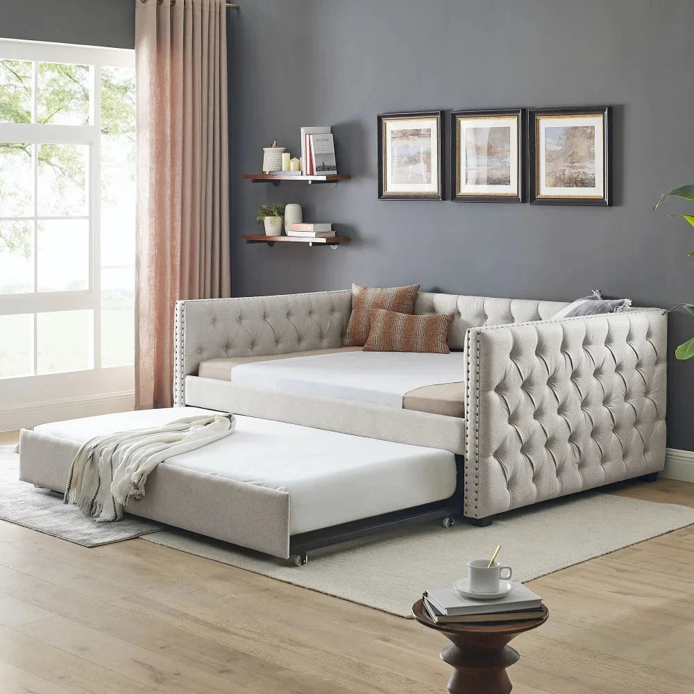 Daybed with Trundle Upholstered Tufted Extendable Sofa Bed with Button and Copper Nail on Square Arms Good Vibrations
