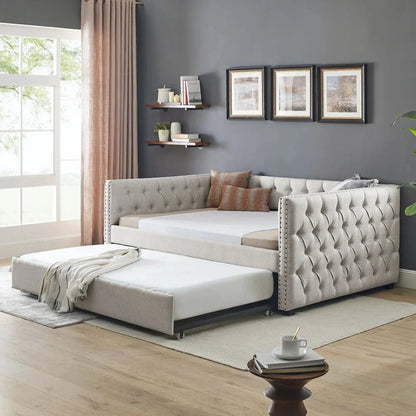 Daybed with Trundle Upholstered Tufted Extendable Sofa Bed with Button and Copper Nail on Square Arms Good Vibrations
