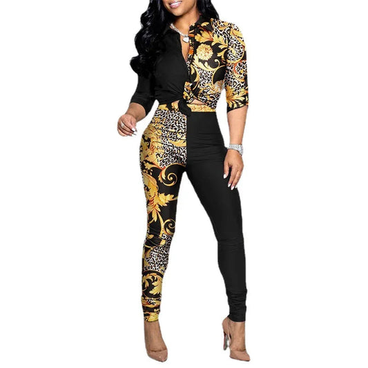 Wholesale Two Piece Set Women Outfits Office Ladies Long Sleeve Print Shirt and Long Pants 2 Piece Casual Pants Set Good Vibrations