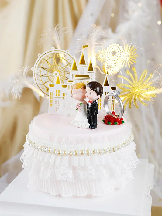 Happy Wedding  Anniversary Gold Castle Acrylic Cake Toppers  Bride Groom Mr Mrs Wedding Diamond Ring Cake Supplies Decoration Good Vibrations
