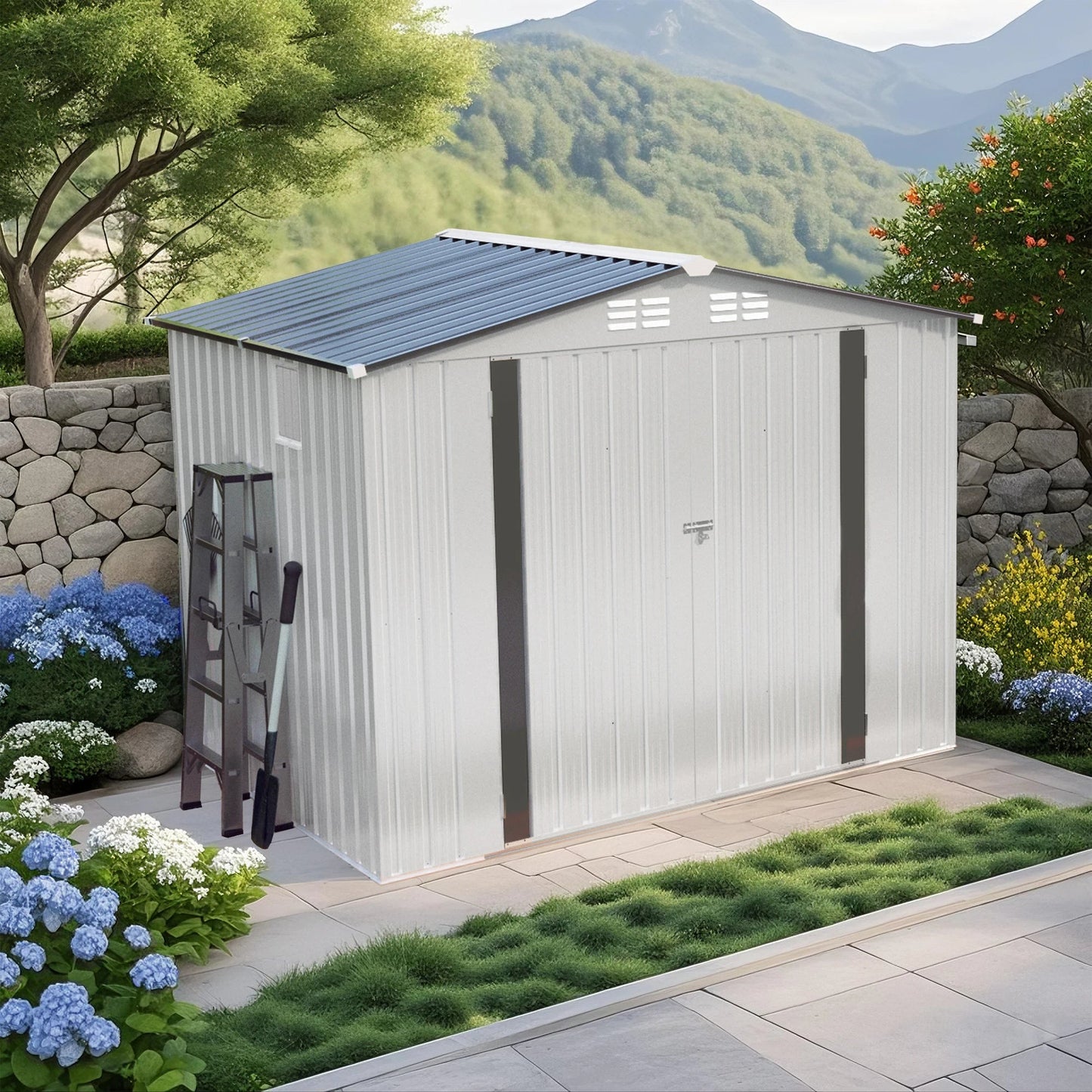 6X8FT Durable Garden Storage Shed with Lockable Doors & Gable Roof Easily Assembled Steel Frame for Backyard Tool Room Good Vibrations