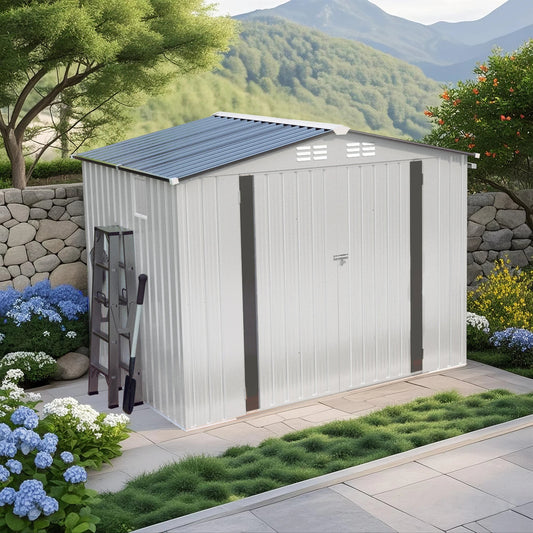 6X8FT Durable Garden Storage Shed with Lockable Doors & Gable Roof Easily Assembled Steel Frame for Backyard Tool Room Good Vibrations