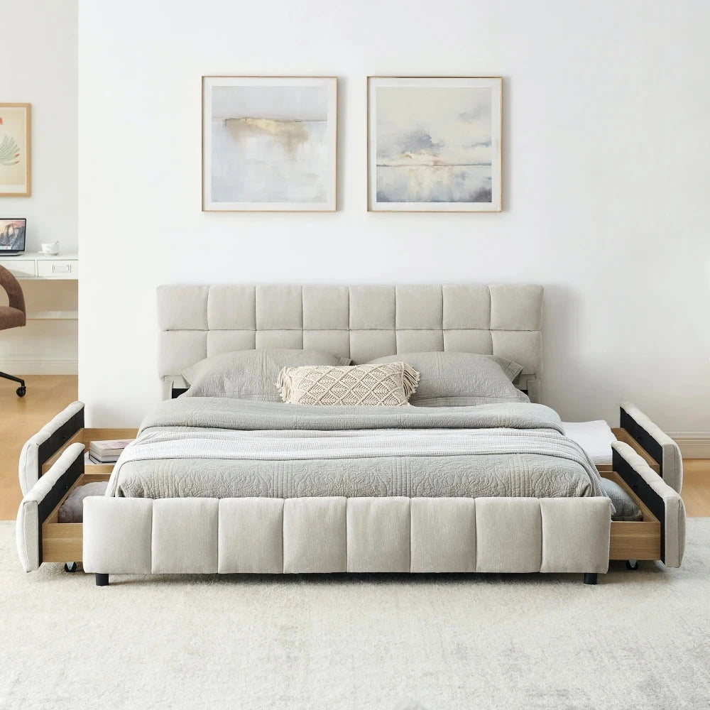 Modern Queen Size Tufted Headboard Platform Bed Frame with Wooden Storage Drawer Soft Chenille Upholstered Bedroom Bed Good Vibrations
