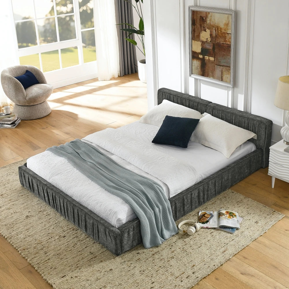 Modern Style Queen-Size Bedroom Furniture Bed Frame with Chenillefabric with Pleated Design Good Vibrations