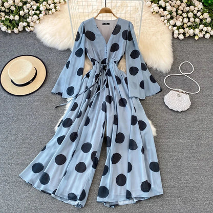 Flared Sleeve Polka Dot Print V-Neck Wide Leg Good Vibrations