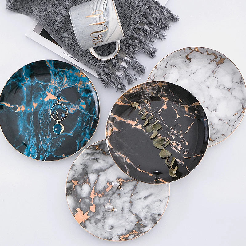 European Style Marble Plates Ceramic Dinner Set Gold Inlay Porcelain Dessert Plate Steak Salad Snack Cake Plates Tableware Good Vibrations