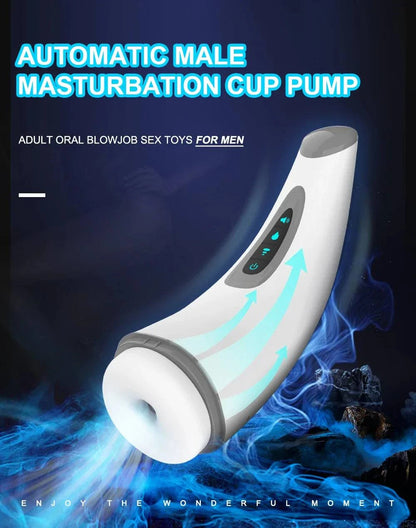 Automatic male masturbator cup with suction and heating features for adult oral sex experience.