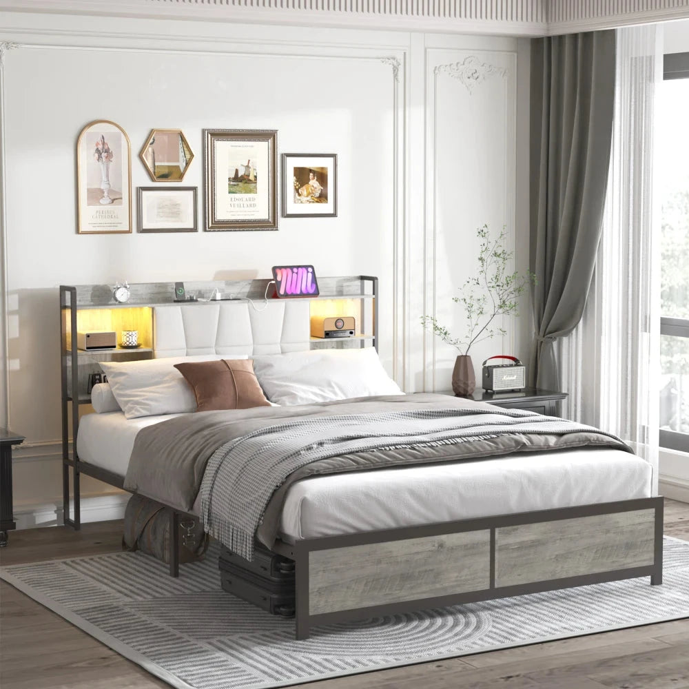 Queen Size Bed Frame with LED Light & Power Outlet, Platform Bed with Upholstered Headboard and Storage Good Vibrations