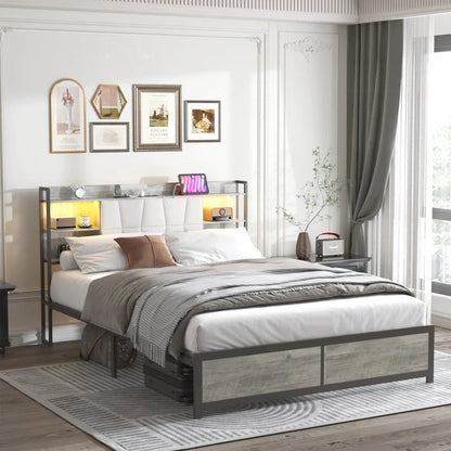 Queen Size Bed Frame with LED Light & Power Outlet, Platform Bed with Upholstered Headboard and Storage Good Vibrations