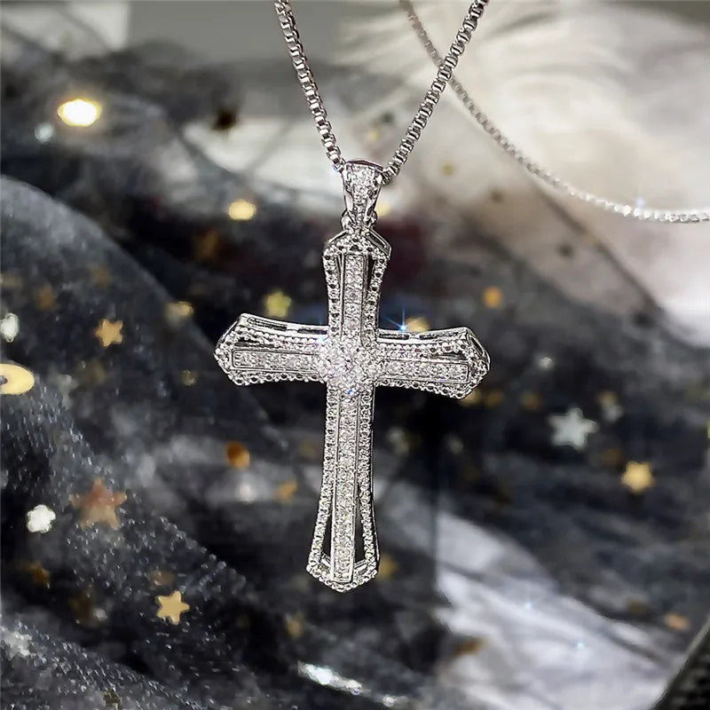 Huitan Hip Hop Cross Necklace for Women with Dazzling CZ Stone Luxury Silver Color Cool Neck Accessories Party Trendy Jewelry Good Vibrations