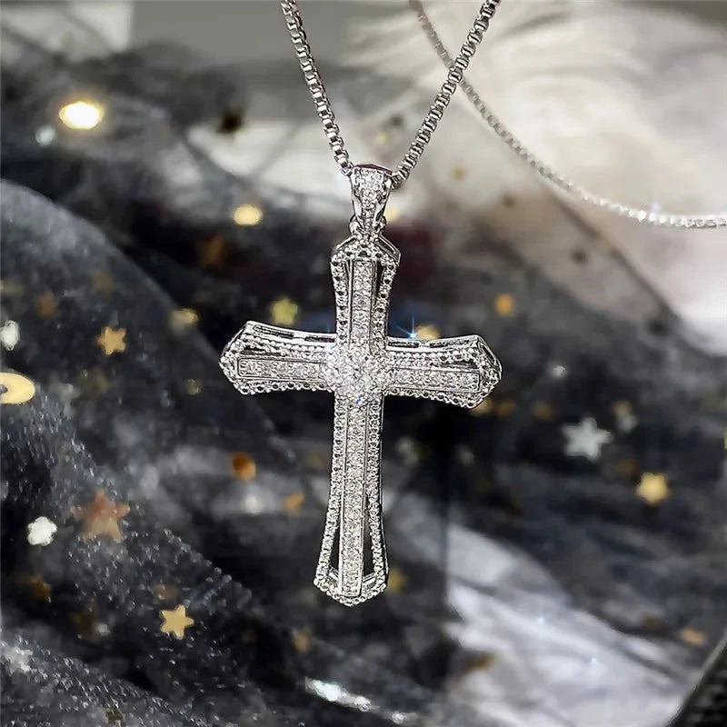 Huitan Hip Hop Cross Necklace for Women with Dazzling CZ Stone Luxury Silver Color Cool Neck Accessories Party Trendy Jewelry Good Vibrations
