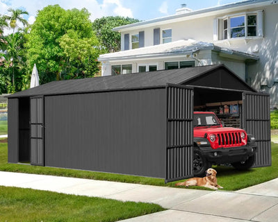 12x15 FT Outdoor Heavy Duty Metal Garage Shed Lockable Double Hinged Doors Extra Large Carport for Cars Trucks Lawn Equipment