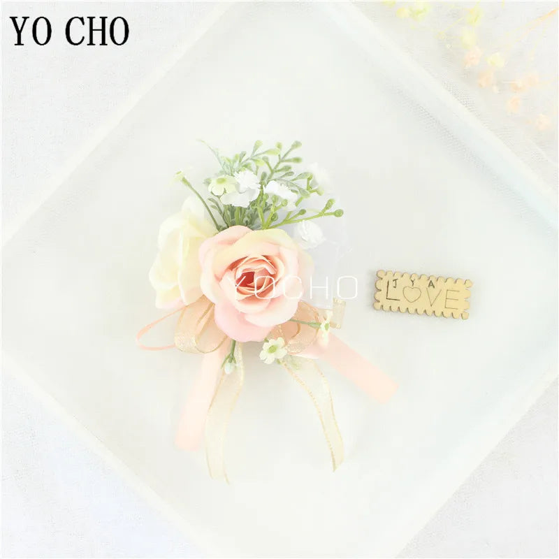 Wedding Groom Boutonniere Bride Bridesmaid Women Hand Wrist Flower Silk Rose Boutonniere Buttonhole for Marriage Party Flower Good Vibrations