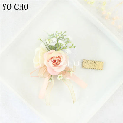 Wedding Groom Boutonniere Bride Bridesmaid Women Hand Wrist Flower Silk Rose Boutonniere Buttonhole for Marriage Party Flower Good Vibrations