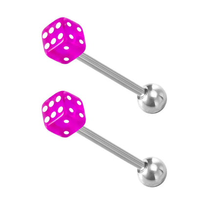 2pcs Good Luck Dice Tongue Ring Surgical Steel Tongue Piercing Barbell Colorful Labret Stud Bar for Women Men Body Jewelry 14G Good Vibrations