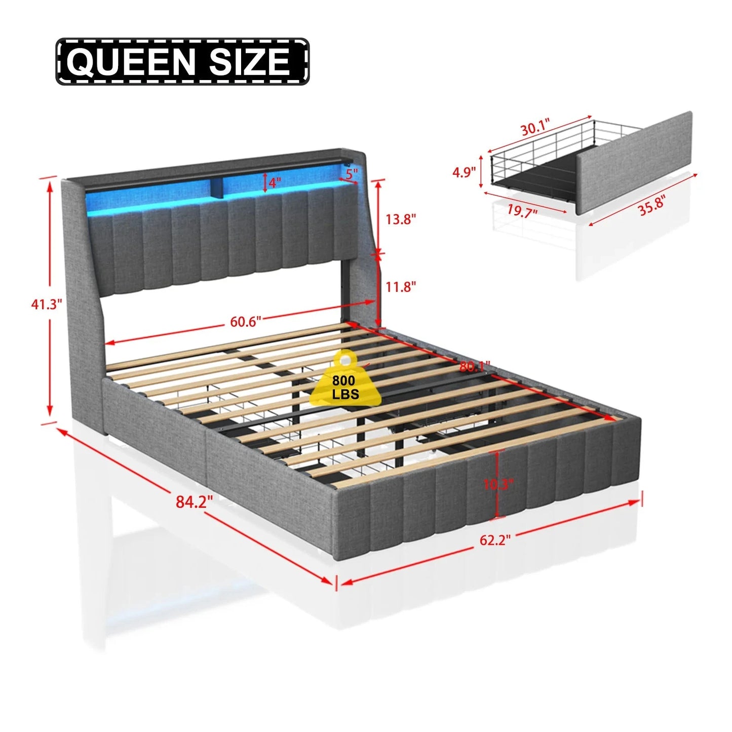 Queen Size Bed Frame With LED 4 Under-bed Portable Storage Drawers Wings Headboard Design - Light Grey Good Vibrations