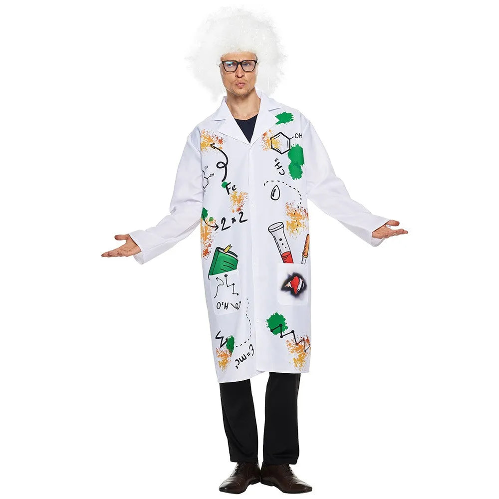 Family Halloween Costume Mad Scientist Costume With Wig White Unisex Lab Uniform Carnival Party Purim Stage Performance Props Good Vibrations