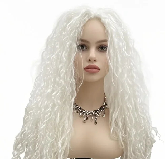 Long White Afro Party Wig Curly Cosplay Halloween Costume Hairpiece for Adult Festival Disco Theme Party Accessory Good Vibrations