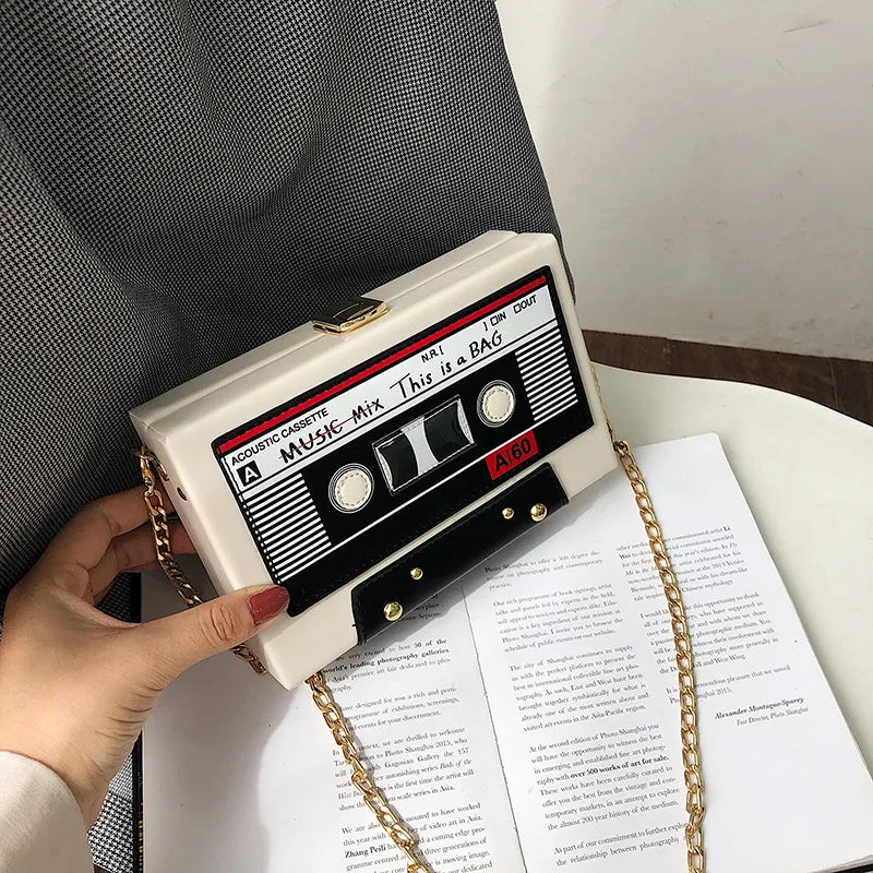 Women Shoulder Bag New Tape Recorder Women's Bags Cute Funny Cartoon PU Leather Chain Crossbody Bag Female Day Clutches Bag C172 Good Vibrations