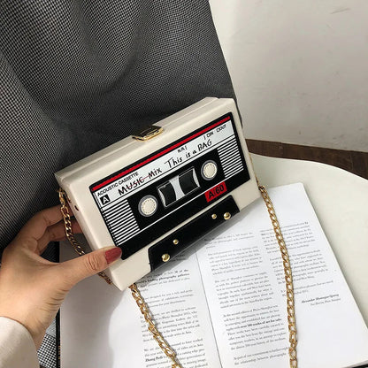 Women Shoulder Bag New Tape Recorder Women's Bags Cute Funny Cartoon PU Leather Chain Crossbody Bag Female Day Clutches Bag C172 Good Vibrations
