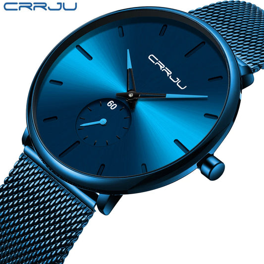 CRRJU New Watches Mens 2019 Man Fashion Simple Stainless Steel Blue Thin Watch For Men Luxury Casual Waterproof Quartz Clock Good Vibrations