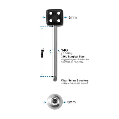 2pcs Good Luck Dice Tongue Ring Surgical Steel Tongue Piercing Barbell Colorful Labret Stud Bar for Women Men Body Jewelry 14G Good Vibrations